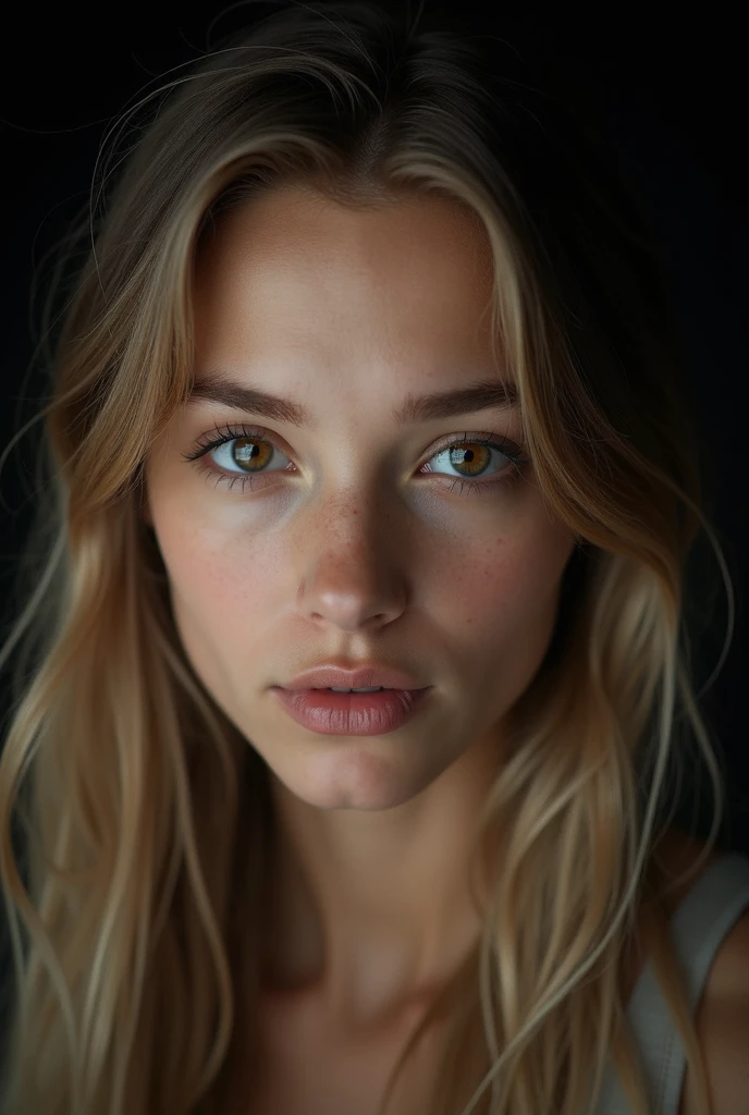 beautiful girl 20 years old, long light hair, light brown eyes, in a studio with dark background, dressed in a black top. pose frontal, serious expression, detailed eyes. front lighting, highlighting the shadows and textures of the face. Medium format camera with 100mm f/2.8 lens/2.8, UHD 16K resolution, emotional portrait style, with focus on facial details