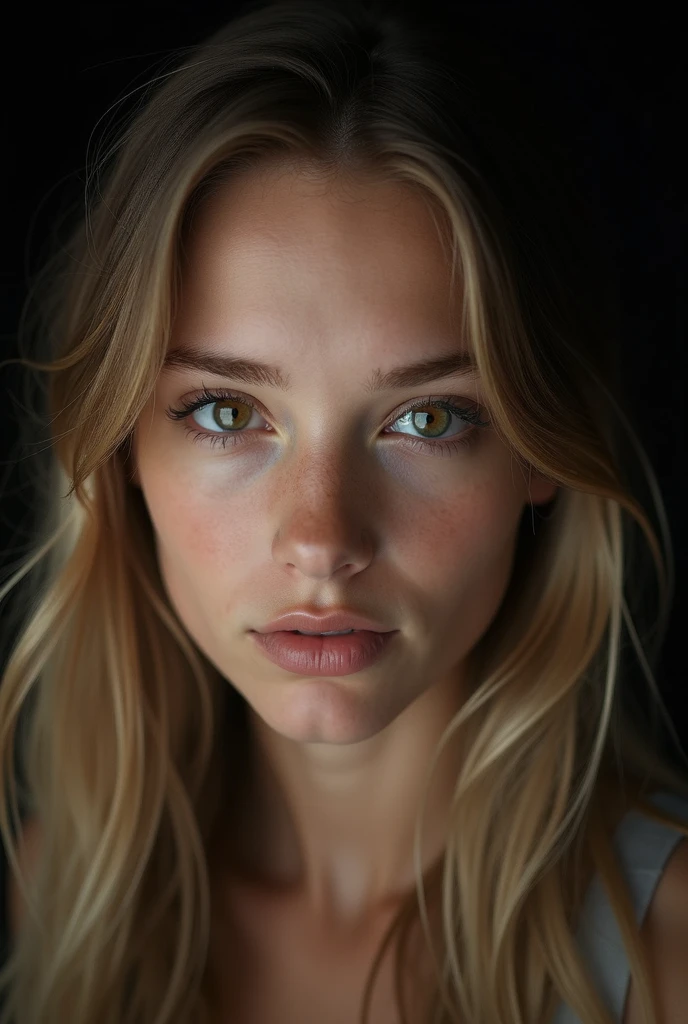 beautiful girl 20 years old, long light hair, light brown eyes,  in a studio with dark background, dressed in a black top. pose frontal, serious expression, detailed eyes. front lighting, highlighting the shadows and textures of the face. Medium format camera with 100mm f/2.8 lens/2.8, UHD 16K resolution, emotional portrait style, with focus on facial details
