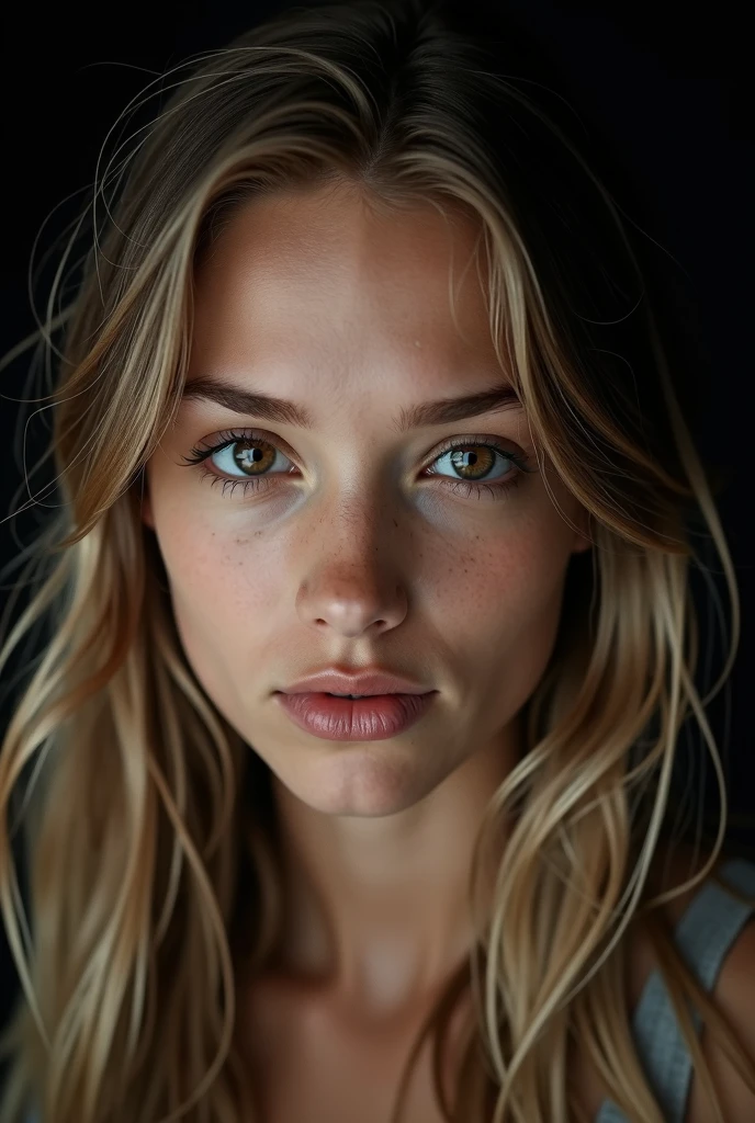 beautiful girl 20 years old, long light hair, light brown eyes,  in a studio with dark background, dressed in a black top. pose frontal, serious expression, detailed eyes. front lighting, highlighting the shadows and textures of the face. Medium format camera with 100mm f/2.8 lens/2.8, UHD 16K resolution, emotional portrait style, with focus on facial details
