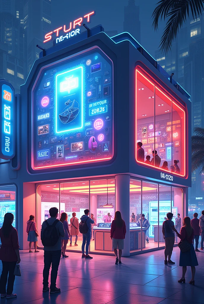 A gadget store front view in 2D art