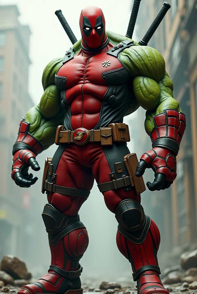 Hulk with Deadpool suit and with wolverine mask and flash sbthunder in his ear and iron man shoes on his feet and the flash symbol on this ear
