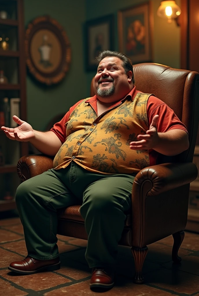 take a picture of a fat Brazilian guy sitting on a chair telling a story for the picture