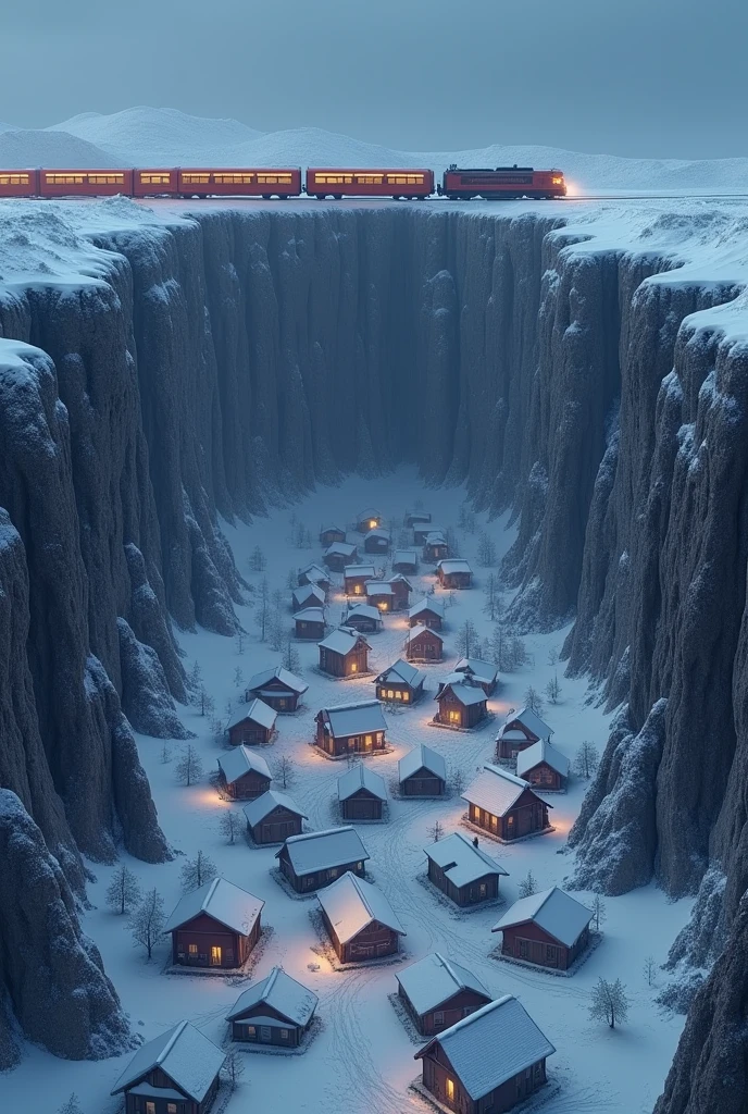 Hundreds of houses in the huge snowy hole.and train on the top.in night