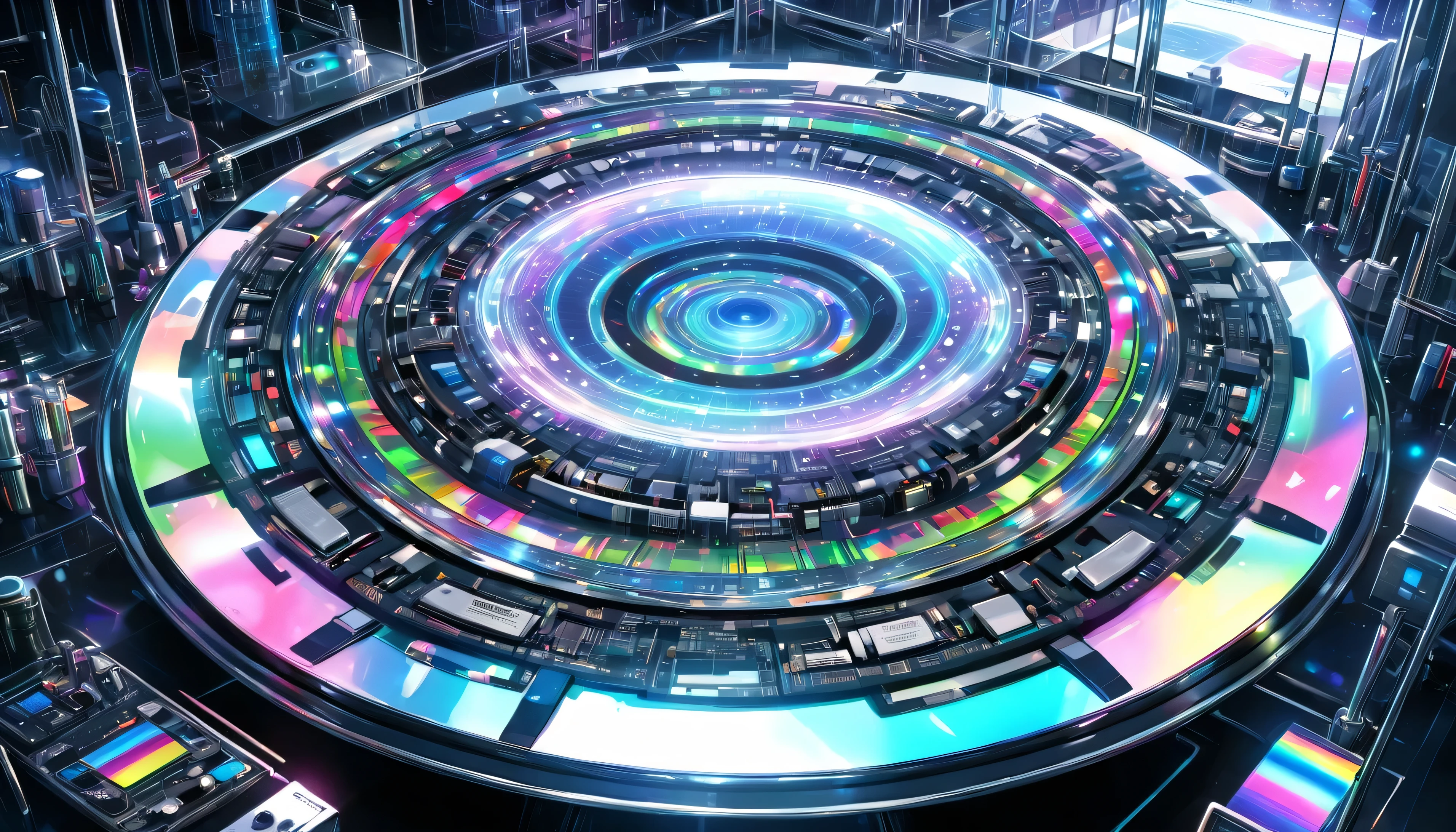 A UFO made of a metal-plated frame, a magic circle on the ground, and a kaleidoscope of iridescent neon lines in the sky, transparent, clear neon color, precision instruments, machines, machine parts, LED, wire cables, analyzers, labs, (ultra detailed, absolutely resolution, best quality:1.3), 2.5D, delicate and dynamic effects, artistic photography, hyper realistic, graphic CG digital art