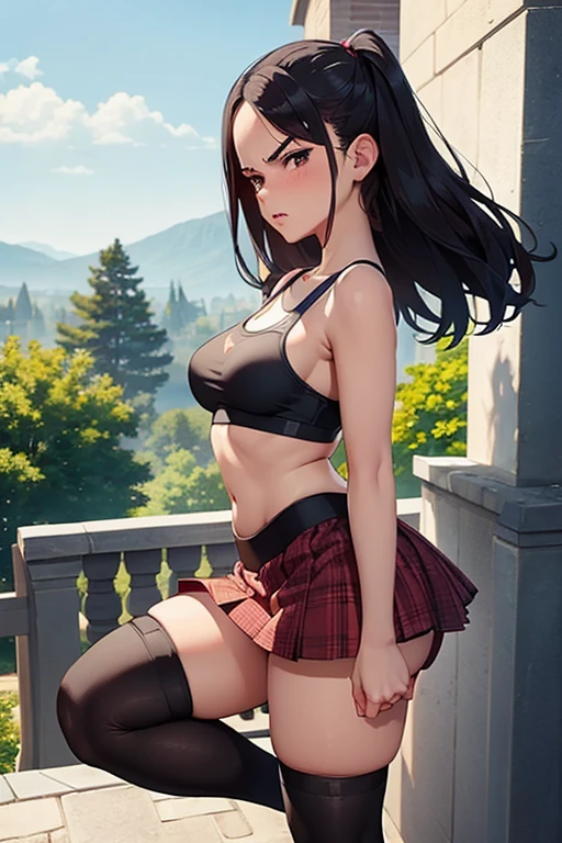 (best quality), (masterpiece), 1 girl, early 20's, small breasts, busty, perky breasts, thick, thick lips, wide hips, thin waist, angry face, angry expression, pleated skirt, knee socks, sports bra