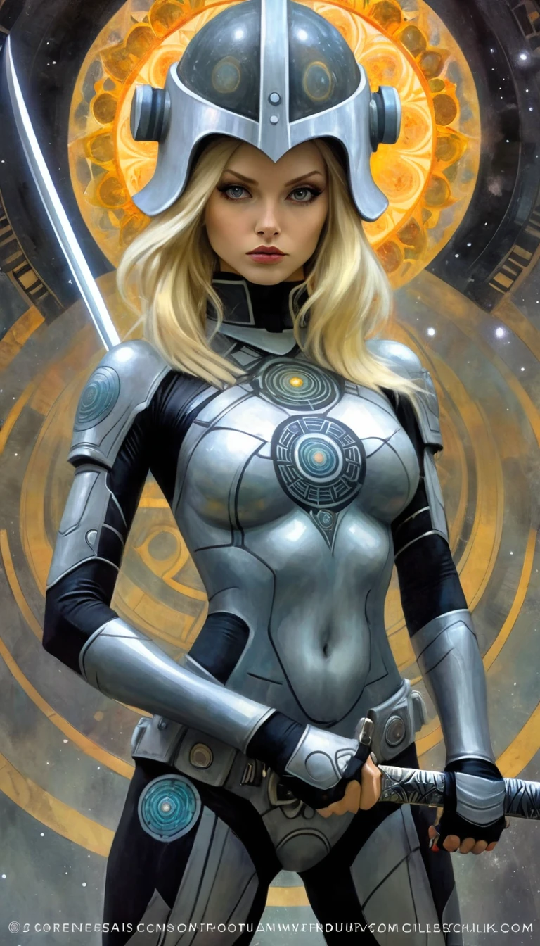 2girl, MANdALA fractal grey body paint, y, 15yonde hair galactic soldier girl holding a galactic mandala grey sword with both hands, mandala helmet and ready to attack agresively, ZZZ, ZENLESSZONEZERO, art inspired by Bill Sienkiewicz and Dave McKean