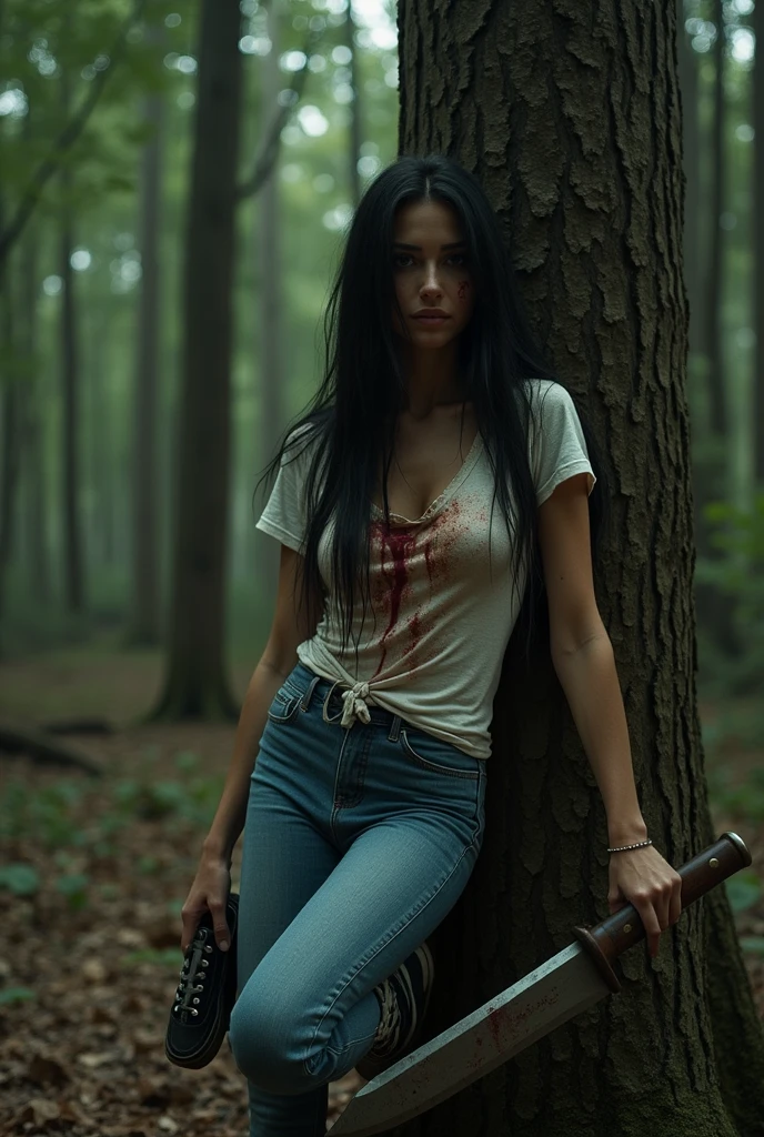 ultra realistic, photography, long black straight hair, elegant hair, (30 years old, hazel eyes, hourglass figure, perfect fit body, natural big breasts), femme fatale, she is wearing a bloody ripped tshirt, there are bloodstains on her blue jeans, her sneakers are dirty, she is hiding in the woods, standing behind a big tree, a guy with a creepy mask and a bloody machete is looking for her
