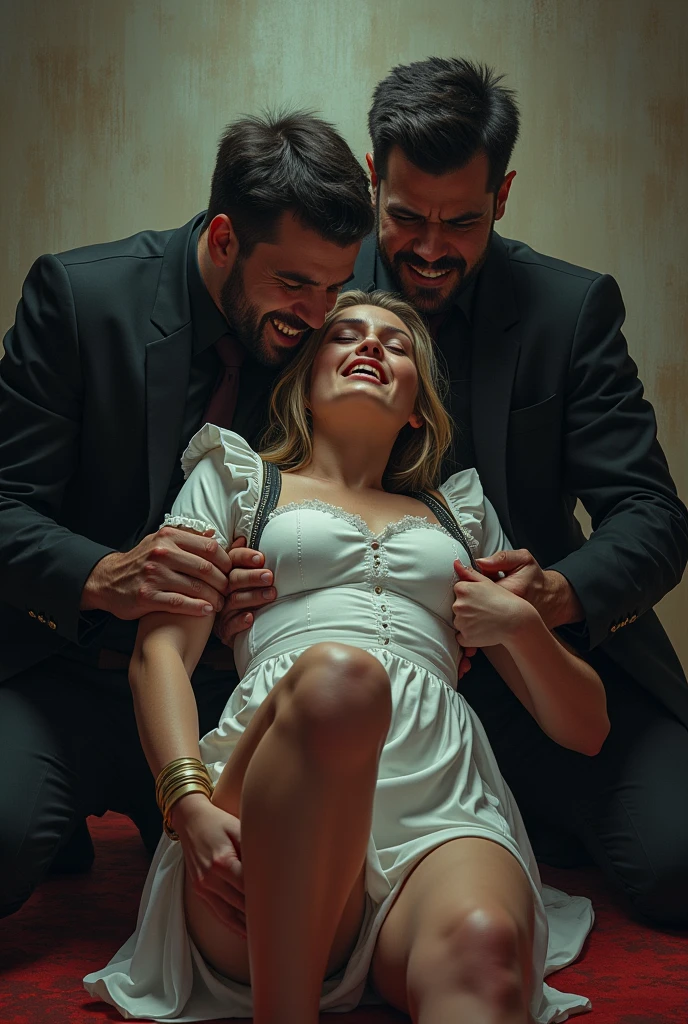 No matter how hard you try, being held down by two men was practically non-resistance.。First, my arms were tied.、Then two people lifted my legs、In an instant, my feet were secured in place with a belt.。 My body trembles with fear。I ended up dressed just like that "slave"。 「Hehe... 。First, show me your pussy」 With a creepy smile、The maid's uniform was lifted up。