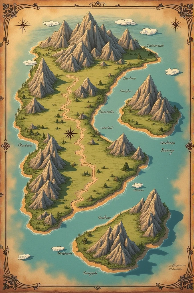 Create a physical map of an imaginary nation. Write the name of the 7 country on the top of the map. You should include at least five different land or water forms in the map and given each of them a unique name(e.g. Shadow Mountain). You should also include at least five major cities including a capital designated by a star. The cities will be designated by a large black dot and these must be named.