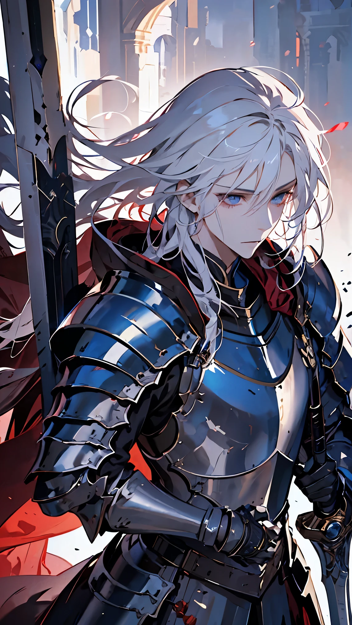 ((best quality)), ((masterpiece)), (detailed), best quality, detailed face, detailed eyes, Embroidered silver armor, knight, white-haired young man, Heroic fantasy protagonist, champion, long sword, Grasp the hilt of a long sword