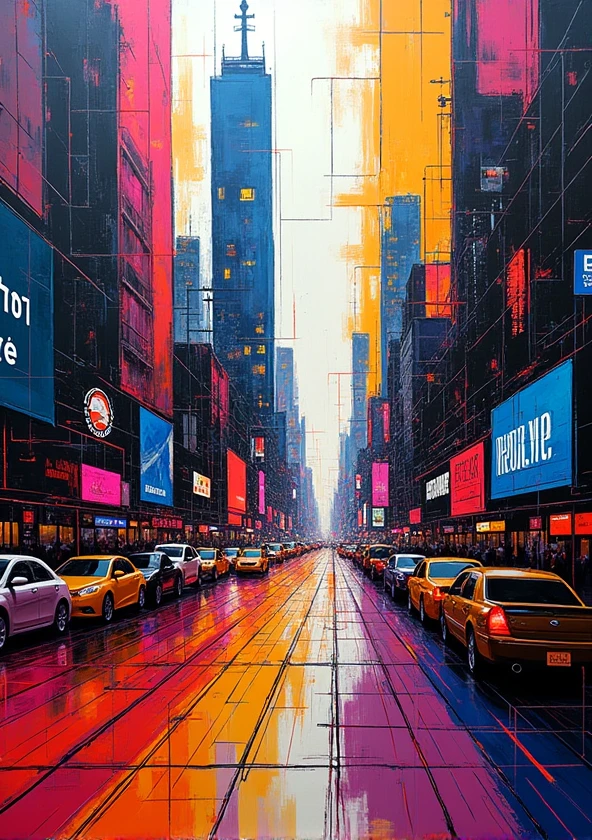 Create an abstract art piece depicting a bustling cityscape with dynamic lines and bright lights.
