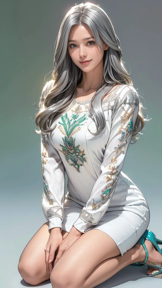 (Very detailed, Realistic, Highest quality, 4K, 8k, High resolution, masterpiece:1.3), An attractive flight attendant with a graceful and elegant figure. Erin Anderson is tall and slender, long, Long, wavy, golden blonde hair styled in loose curls. Long hair that reaches down to the buttocks.She has attractive, friendly, bright green eyes.(Long hair that reaches down to the buttocks:1.5)((とてもlong髪))((Smile、Embarrassed smile)) ((Flowing white mini dress decorated with intricate silver embroidery_long sleeve_Thin:1.3))
((kneeling down:1.3)), ((heels on the ground on:1.3)),