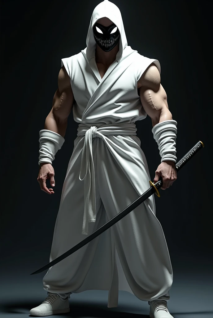 Muscular man in white ninja suit, with black mask with white eyes and drawn smile, with a katana