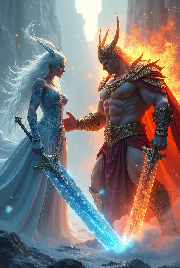 3D view, two tall deities, (one queen holding an ice giant sword, wearing ice and snow clothing) attacking (the king holding a lava giant sword ((perfect muscle lines, tall figure)))