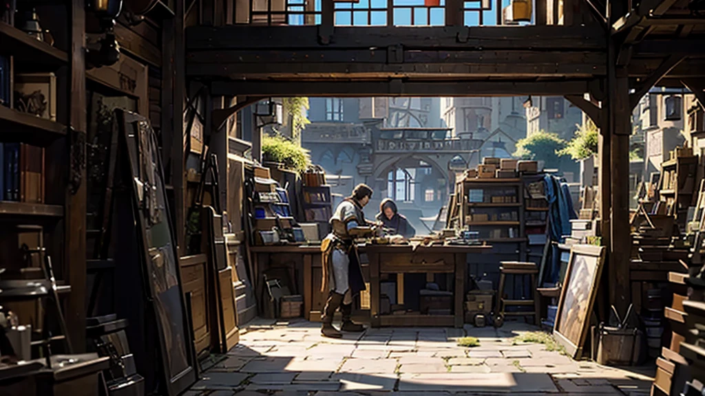 ((masterpiece)),((Highest quality)),((High Detail)),nobody,background,fantasy, City of Fantasy, Bright Square, market, blacksmith, Weapons shop, Used bookstore, merchant, knight