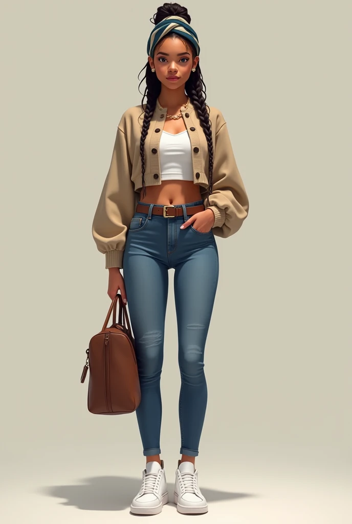 Come up with a picture of the following outfit
1 silk head wrap
2 passion twist braids
3 crop cardigan sweater with buttons
4 fitting mommy jeans
5 brown belt
6 white air force
7 tote bag