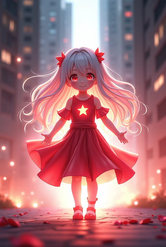 beautiful illustration, best quality, cute petit girl, (transform sequence), transform magical girl, chibi, white magical girl, fractal art, albino, babyface, long pure white and red mesh hair, beautiful detailed red eyes, cinematic lighting, cowboy shot, looking at viewer, from bottom, happy,no clothes 