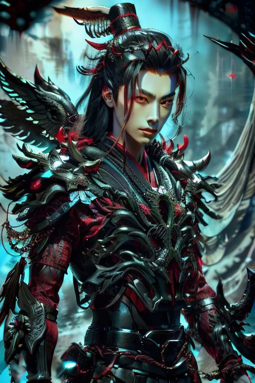  Handsome young xianxia protagonist,man,guy,long black obsidian hair, use floating phoenix crown,Crimson red  eyes  ,eyes focus detailed((no noice)),(((no noice))),and long black hair ,(no noice)),use armour featuring like pattern on taotie chinese divine beast((search image for taotie chinese beastiary))with black dominant color,pauldron protective shape like dragon head,breastplate featuring like Tao tie,breastplate detailed featuring taotie shape,shoulder protective dragon shape like taotie,sun and moon  background, black dominant color,black  dominant color, black dominant color armour,with majestic silver line , ((no noice))And demonic red wings at back,wings at back,terrifying aura around,24K ultra hd,face and eyes detail,lips and face detail,masterpiece ,better quality,ultraa realistic face((no noice)),good face proportion,non noice face,reality face,eyes detailed,((perfect face)),perfect eyes ,perfect lips proportion((balance lips)),perfect face proportion,((balance proportion of face)),((balance and perfect left and right eyes proportion)),((masterpiece))