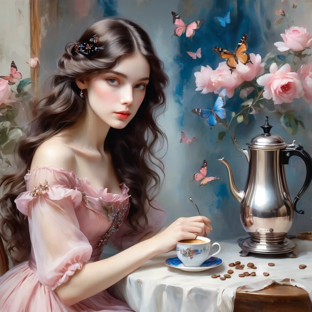 ,Girl with dark long wavy hair, brews coffee in a copper cezve, She is wearing a pink transparent chiffon dress with blue little butterflies, the style of the artist John Singer Sargent, eye contact, 8 K,12K,