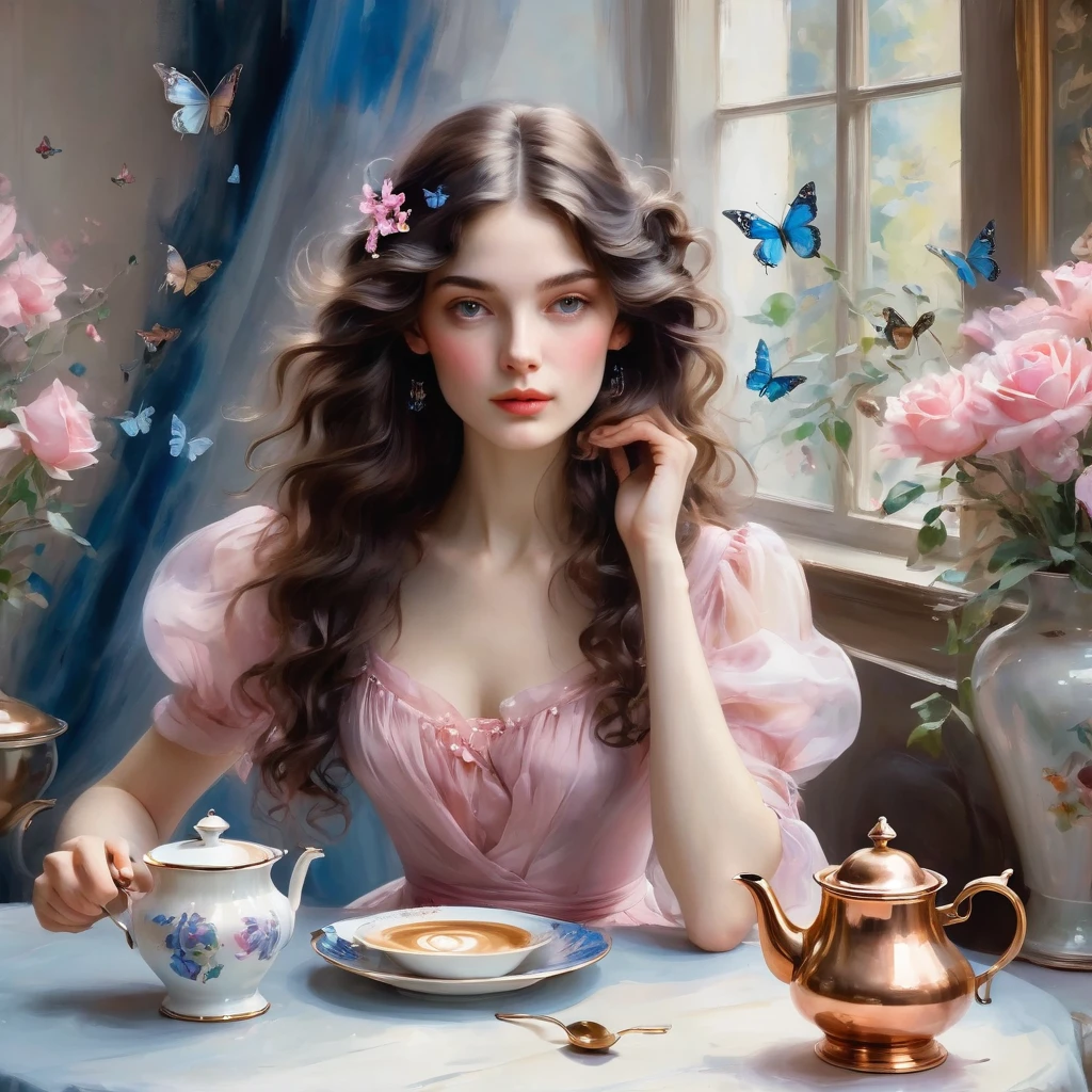 ,Girl with dark long wavy hair, brews coffee in a copper cezve, She is wearing a pink transparent chiffon dress with blue little butterflies, the style of the artist John Singer Sargent,   eye contact, 8 K,12K,