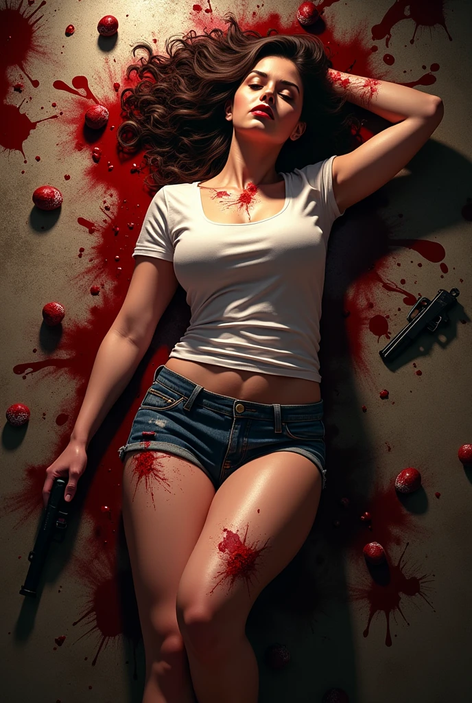 ((melhor qualidade)) ((hiper realista)) ((hiper detalhado)) sprawled of a Hot and beautiful brunette girl, with a perfect body and legs, big boobs, curly hair, beautiful nose, beautiful mouth, dressing sexy tshirt and shorts, murdered dead in a crime scene with small wholes in your body by gunshots, blood dripping of The body. Closed eyes