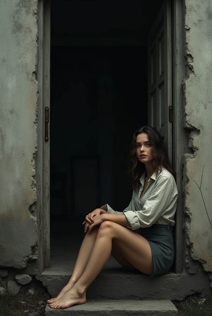 gloomy scene, old house, woman sitting at the entrance of a house, narrow door, short skirt, shirt, brunette, barefoot, like monica belluchi, monochromatic, looking at the viewer, happy