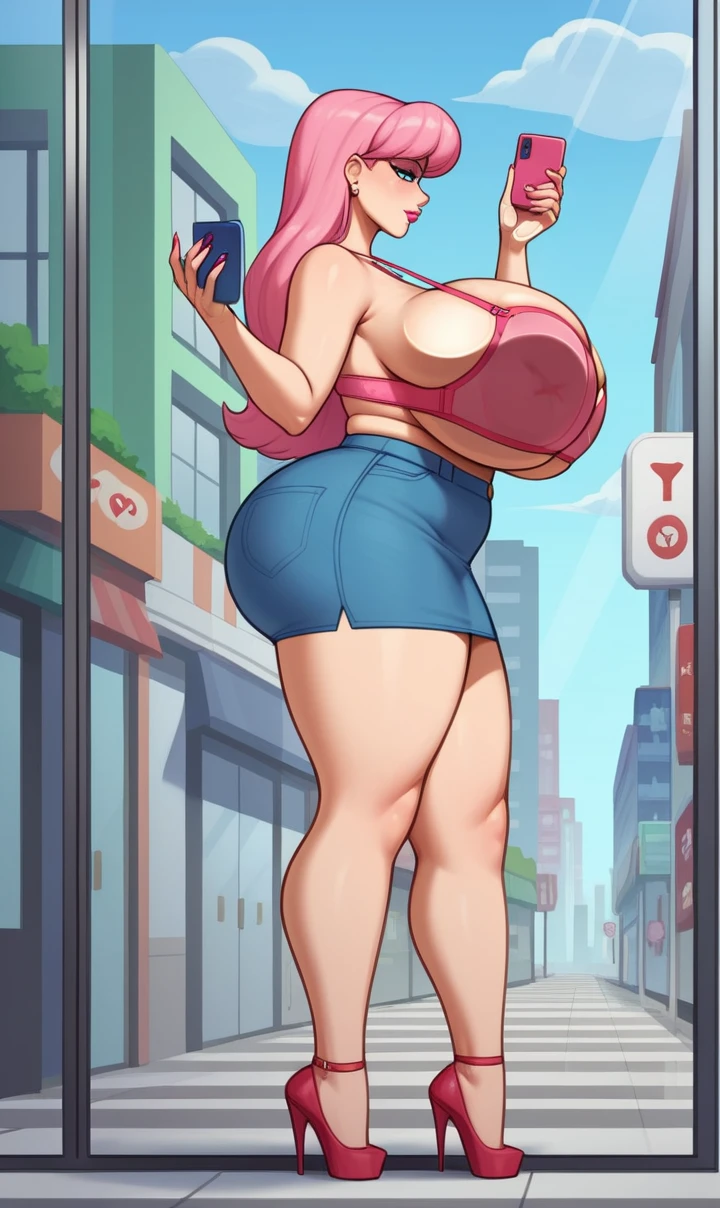 (2 meter tall girl), beautiful, pink lips, thick thighs, skirt, big ass, no shirt, high heels, wedges, pink panties, (bra), (holding phone), gigantic breast, (no buildings), single road, masterpiece, Highest quality, colored hair, long hair, (blue eyes), looking down, (big breast), (standing), buss stop, (tall girl), (leaning against glass), ((tiny guy)), small guy and mini giantess, (buss station), side view