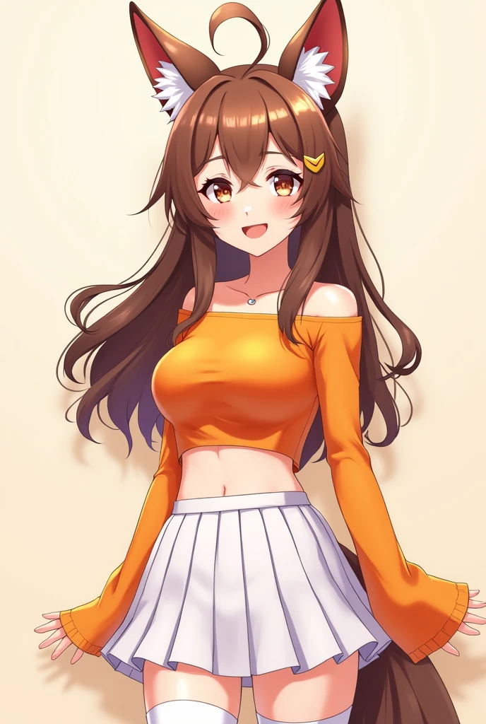 Anime girl Vtuber style smiley face with a fox ear wearing an beautiful orange crop top, white short skirt and stocking. no background