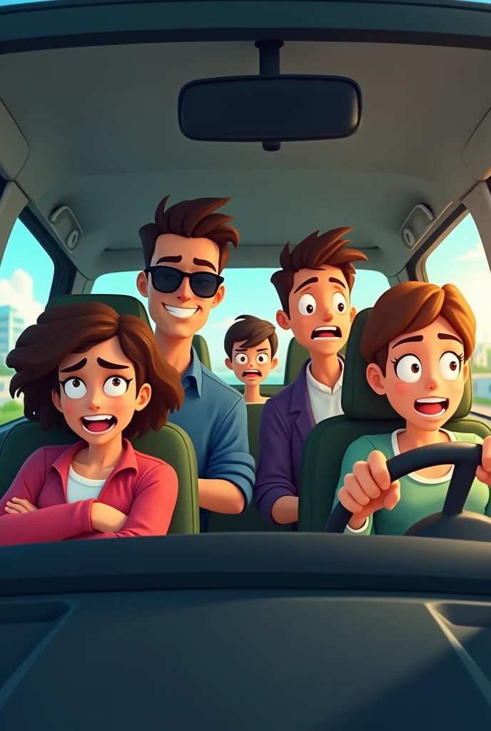 
The figure in the driver's seat looks handsome wearing sunglasses .The figure in the front passenger who is men in the front seat has their arms crossed, smiling contently.The figure in the back left seat looks annoyed, glancing sideways with a furrowed brow.The figure in the back right seat is overly excited or hyperactive, with a wide, open-mouthed grin and exaggerated eyes.
And theirs a guy in the middle. Give an animated image.


