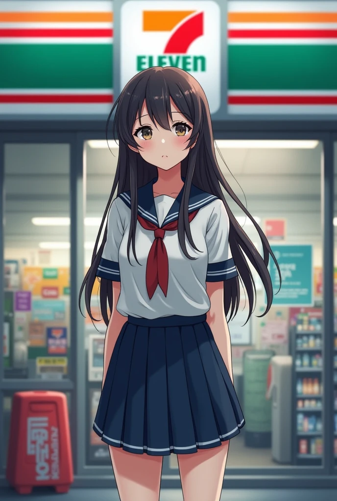 A long-haired girl named Bai Khao is standing in front of a 7-Eleven wearing a junior high school uniform.