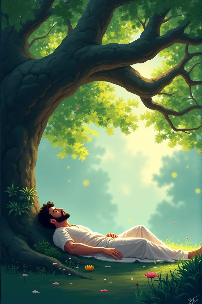 The man slowly closes his eyes and falls asleep under the banyan tree. His face looks peaceful, and the surroundings are calm, with a gentle breeze rustling the leaves.