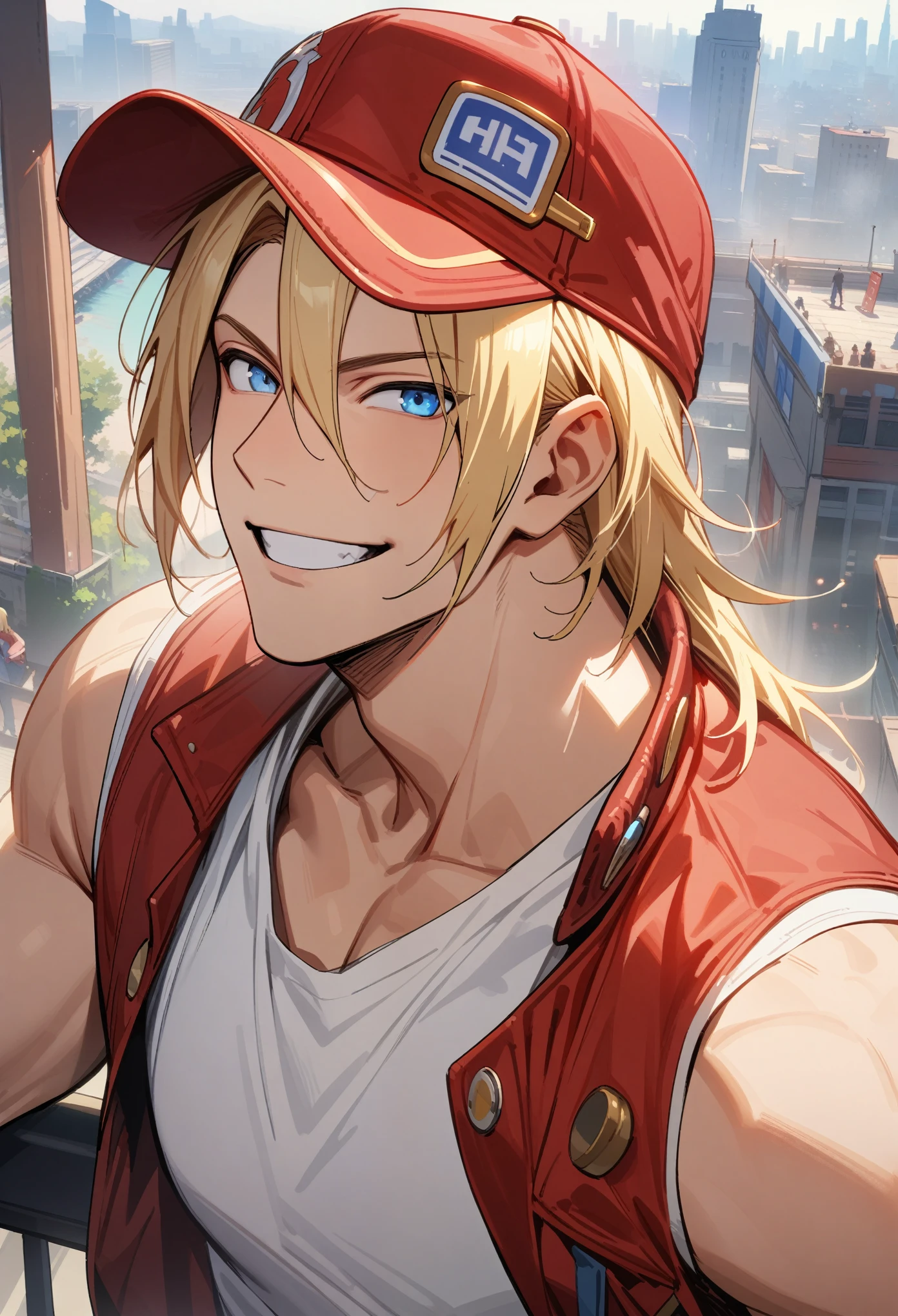 terry bogard, 1boy, male, handsome, no sleeves, sleeveless, close up, blue eyes, blonde, baseball cap, white shirt, red jacket, smiling, masterpiece, high quality, high details, hd, city background