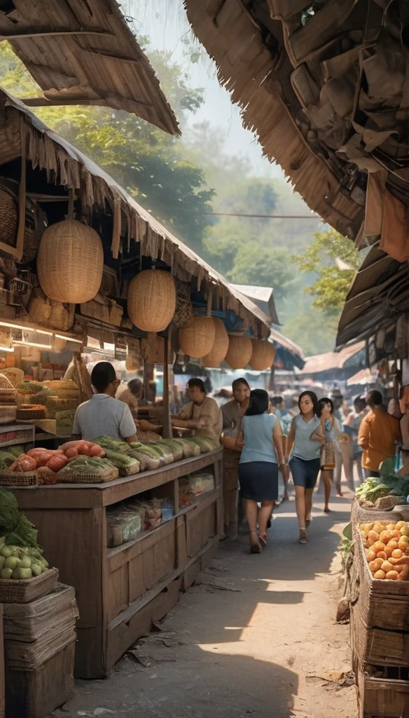 A realistic image of the inside of a Thai market in the countryside, which is like an old wooden market from 50 years ago. People walk around and choose to buy things with full of fun.
