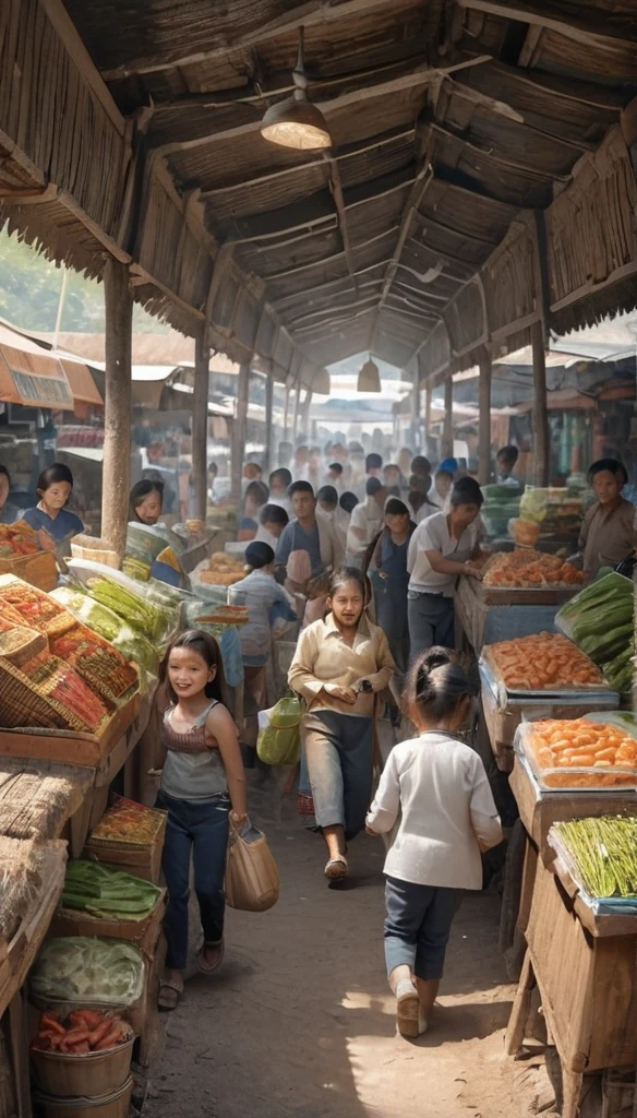 A realistic image of the inside of a Thai market in the countryside, which is like an old wooden market from 50 years ago. People walk around and choose to buy things with full of fun.