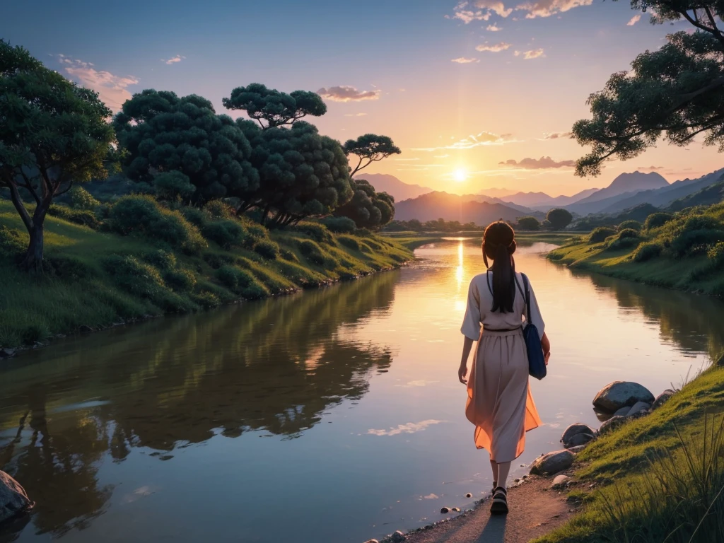 A beautiful asian girl Walking near a river, sunset, ghibli style 