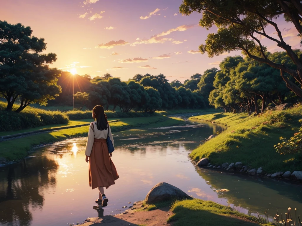 A beautiful asian girl Walking near a river, sunset, ghibli style