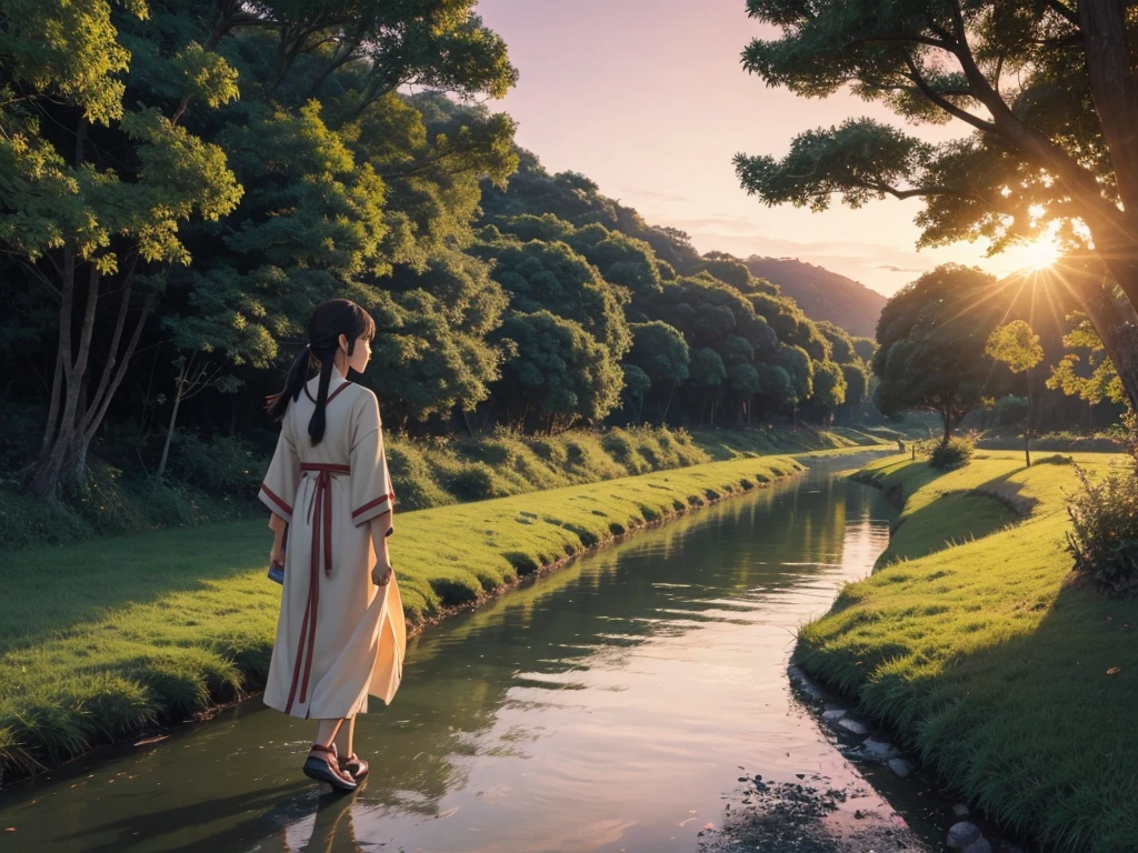 A beautiful asian girl Walking near a river, sunset, ghibli style