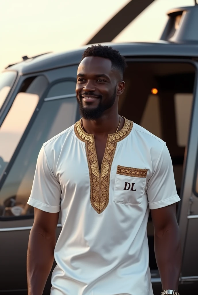 Strong forty year old black man, very elegant and sophisticated, with a goatee, with a light smile, wearing white short sleeved African tribal t-shirt with gold and brown details, pure silk with gold details.
Letters DL written on the pocket of the clothing Italian loafer shoes The model is disembarking from a helicopter