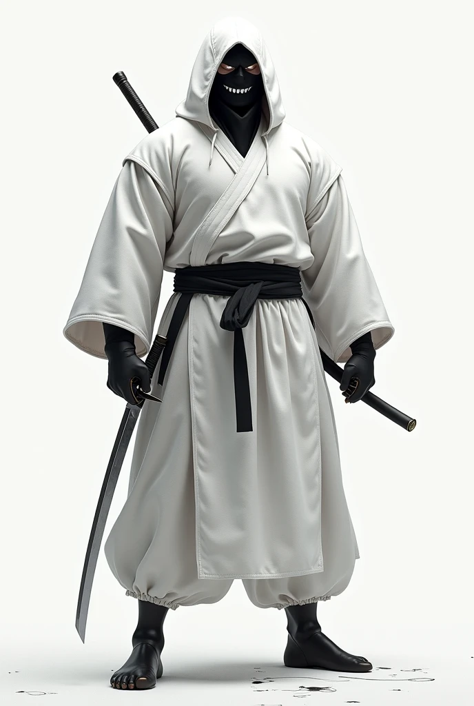 Muscular man in white ninja suit, with a black mask without eyes and a drawn smile, with a katana
