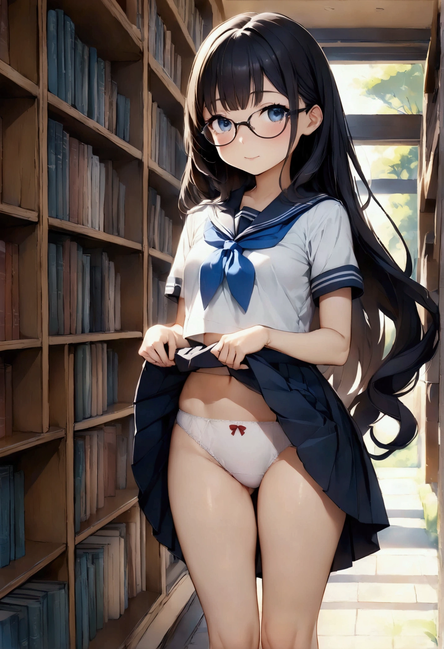 高いquality illustration, masterpiece, Very delicate and beautiful, masterpiece, Highest quality, High resolution, Very detailed, Perfect lighting、1 female、Very young、cute、(Wavy Long Hair)、Black Hair、Glasses、white short sleeve sailor uniform、Navy blue pleated skirt、library、Library、Book棚、Book、(Full body portrait)、(shoes)、(loafers)、(白いshoes下)、Are standing、(((Skirt Lift)))、(((White panties)))