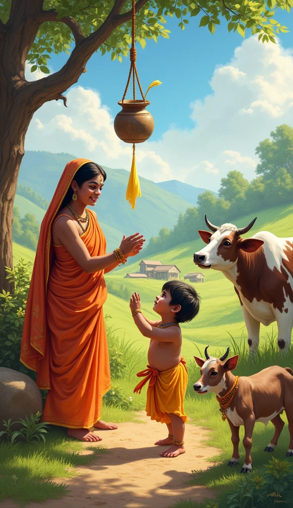 A bright and cheerful day in Gokul, with lush green fields and cows grazing. Little Krishna, now a playful toddler, is surrounded by other children. He is shown stealing butter from a hanging pot, with a mischievous smile on his face. Yashoda, in traditional attire, lovingly scolds him. The atmosphere is full of joy, with vibrant colors and a sense of divine playfulness.
