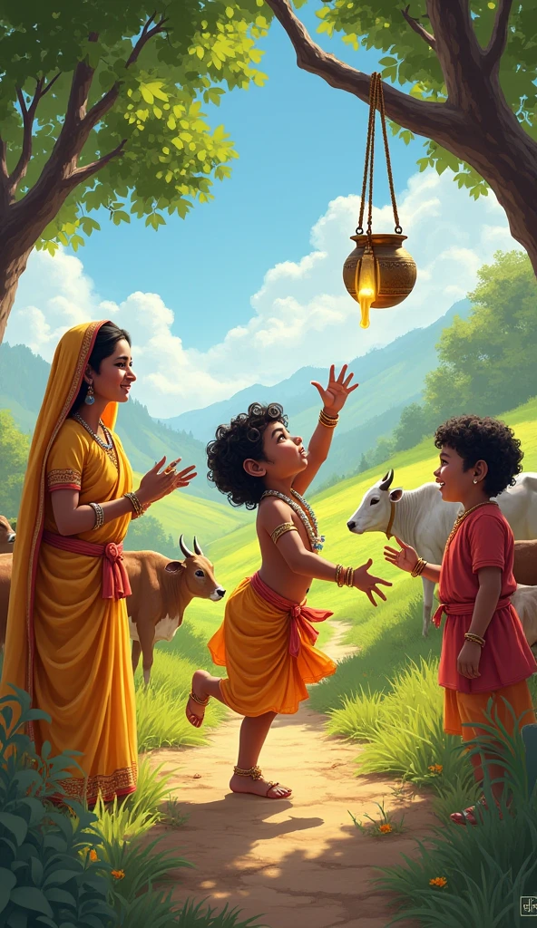A bright and cheerful day in Gokul, with lush green fields and cows grazing. Little Krishna, now a playful toddler, is surrounded by other children. He is shown stealing butter from a hanging pot, with a mischievous smile on his face. Yashoda, in traditional attire, lovingly scolds him. The atmosphere is full of joy, with vibrant colors and a sense of divine playfulness.