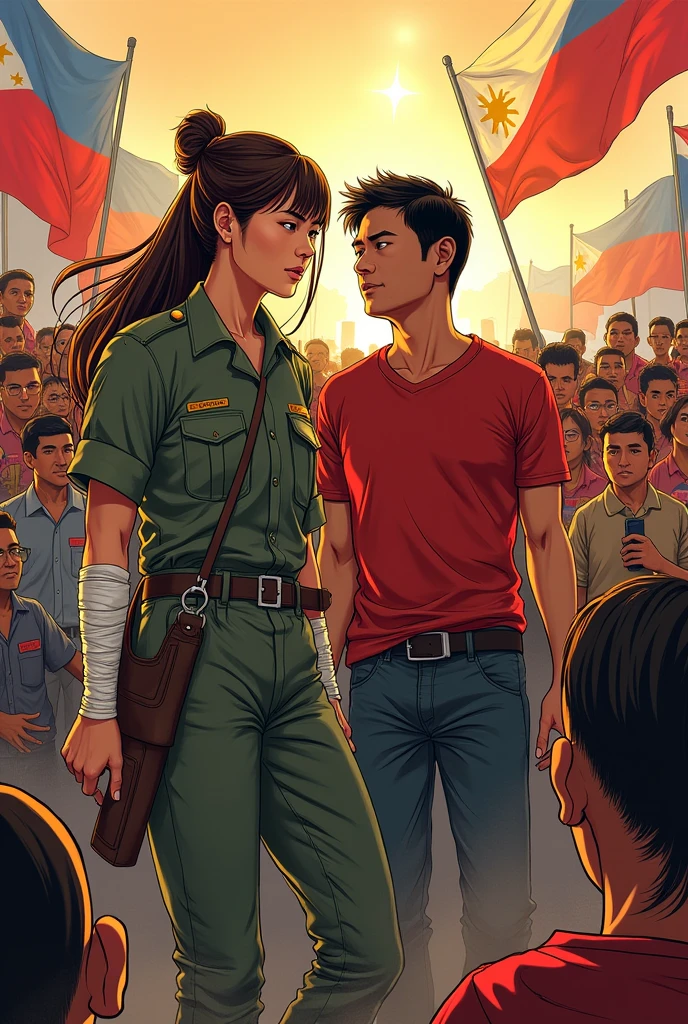 a revolution with a chinese female soldier with long tied brown hair with bandages in a military uniform with a filipino man with black hair in a red shirt with filipinos and filipinas
'comic art'