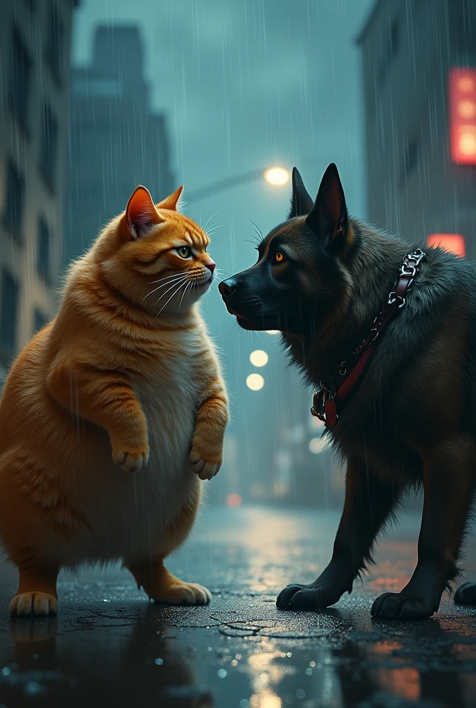an orange chubby cat is fighting with street dog in dark night, bad weather, rain, 8k