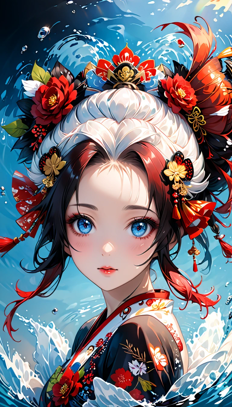 ,Ink painting, (((1 girl )), (((Tattoo in the middle of the forehead))), (((Oiran))), (((Great hair accessories))), Demon possession, , (((Masterpiece、Highest image quality、Highest quality、Extremely detailed unit 8kWall paper))), ((Illustration of one girl、Upper body covered))、(((beautiful girl))), girl swimming underwater, Very detailed presentation style, It shines, Red Rose, light blue, brushwork, Ultra Realistic Oil Painting, Bright eyes, Head up close, Exaggerated perspective, Tyndall effect, drop of water, rainbow pearl, 3d white, black background,