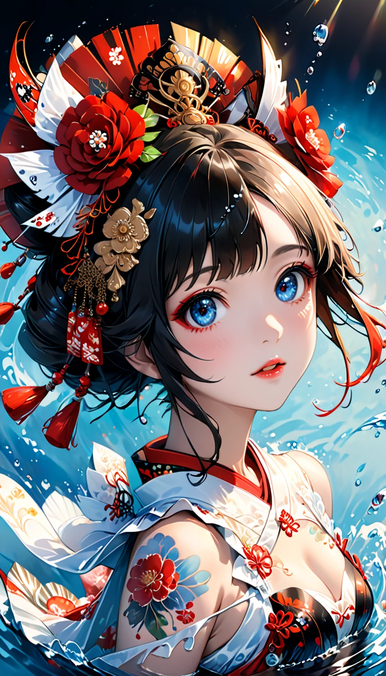 ,Ink painting, (((1 girl )), (((Tattoo in the middle of the forehead))), (((Oiran))), (((Great hair accessories))), Demon possession, , (((Masterpiece、Highest image quality、Highest quality、Extremely detailed unit 8kWall paper))), ((Illustration of one girl、Upper body covered))、(((beautiful girl))), girl swimming underwater, Very detailed presentation style, It shines, Red Rose, light blue, brushwork, Ultra Realistic Oil Painting, Bright eyes, Head up close, Exaggerated perspective, Tyndall effect, drop of water, rainbow pearl, 3d white, black background,