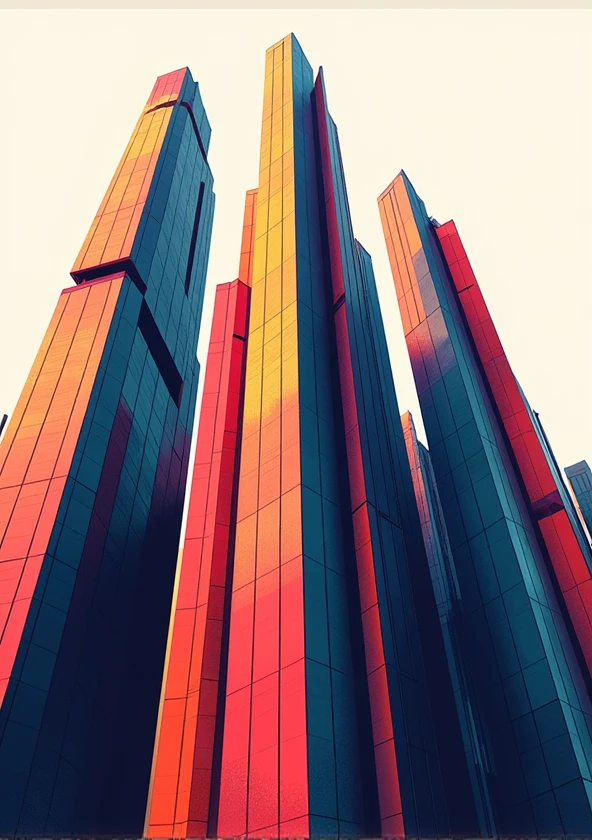 Design an abstract representation of skyscrapers using sharp angles and bold, contrasting colors
