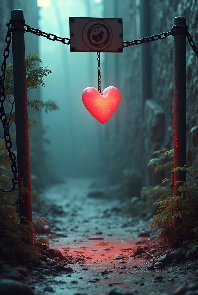 chained off, with a sign saying no entry, inside lies a frightened pink hurt heart-shaped mark, conceptual installation art, (ultra detailed, absolutely resolution, best quality:1.3), 2.5D, delicate and dynamic effects, artistic, hyper, graphic CG digital art