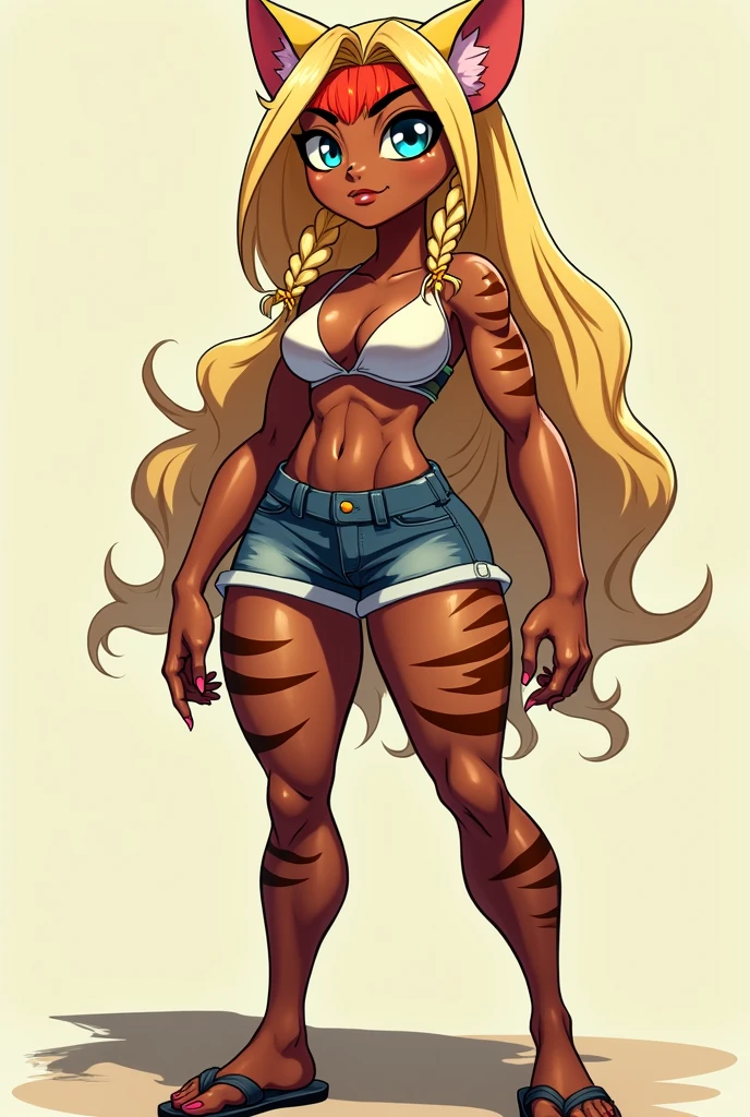 Heroine Very muscular woman body builder body of a professional fighter athletic great physical attributes dark skin with tanned tiger spots she has sun marks from her bra and thong panties in Vê, She is blonde with long hair with a single red fringe and has two long braids and cat ears., It has eyes of two different colors, the left one is pool blue and has a pool blue sclera, the right one is yellow and has a yellow sclera, both eyes have a cat&#39;s pupil, She is wearing very typical Brazilian clothing, a women&#39;s tank top, denim shorts and flip-flops.. Artstyle Vtuber 