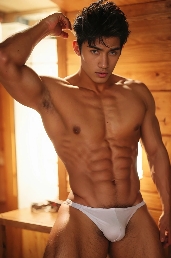 photorealistic,Tong,White good-looking thong,Asian shirtless abs rub moist muscleassive bulge